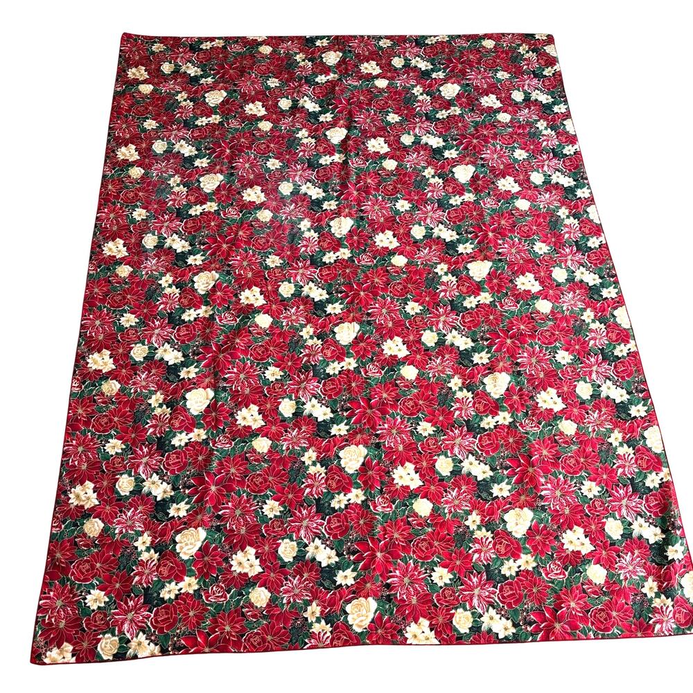 Vintage Christmas Tablecloth printed cotton blend red green white poinsettias
